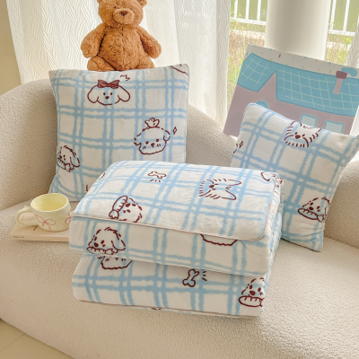 新款牛奶绒印花卡通抱枕被两用二合一可收纳车载午休沙发靠垫被
