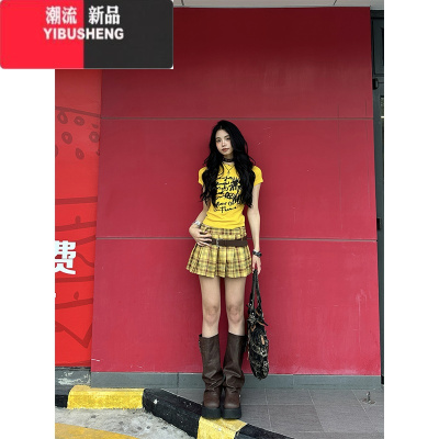 YIBUSHENG美式多巴胺黄色正肩短袖t恤女2024新款辣妹修身显瘦设计感上衣