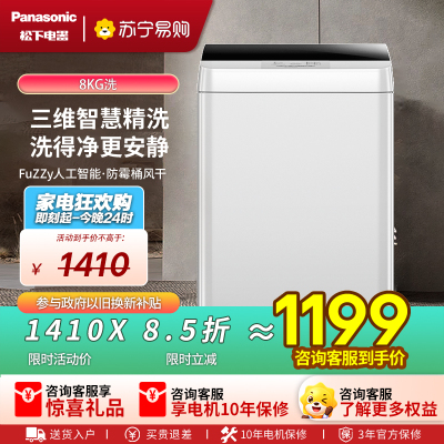 松下(Panasonic)波轮全自动8公斤洗衣机家用租房神器 智能洗强力浸泡洗 节能省水省电桶自洁 XQB80-T7A0