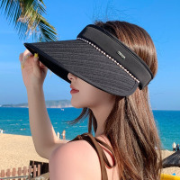 发箍式空顶帽子女条纹大帽檐珍珠装饰防晒帽夏季遮阳帽百搭太阳帽