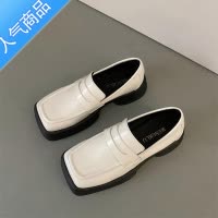 SUNTEK白色方头乐福鞋小众百搭厚底复古英伦风女加绒鞋2022春夏女鞋皮鞋