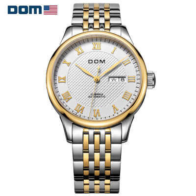 美国DOM/多姆品牌男士手表男时尚休闲经典精钢商务自动双显机械表防水透底镂空男生手表