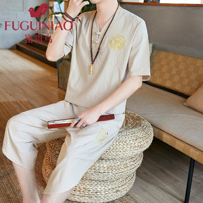 富贵鸟夏季中国风亚麻套装男青年大码古风汉服男士唐装短袖T恤2021佛系禅服