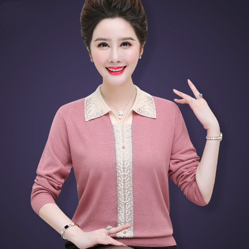 迪鲁奥（DILUAO)中老年人妇女秋装衬衫袖打底衫40岁50妈妈春秋小翻领洋气上衣服外穿