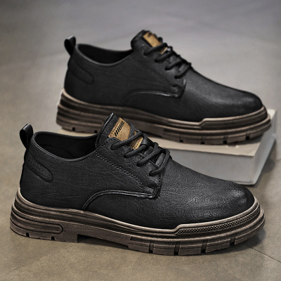 皮鞋男鞋秋季商务正装英伦风休闲男士平底增高百搭复古低帮马丁靴