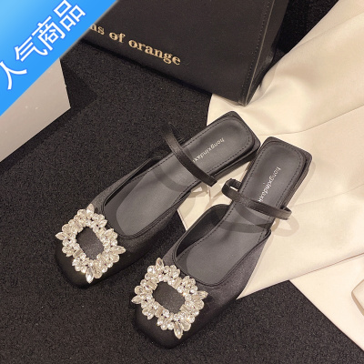 SUNTEK包头半拖鞋女夏外穿银色水钻凉鞋3公分小跟粗跟方头法式凉拖