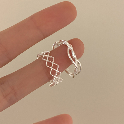 纯银菱格编织戒指女小众设计时尚叠戴食指戒指环高级感银饰潮送女朋友老婆情人节七夕生日礼物