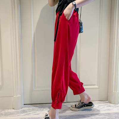 语娄雪纺灯笼裤女春秋运动宽松休闲阔腿束脚大红色萝卜裤子2021年新款2021休闲裤