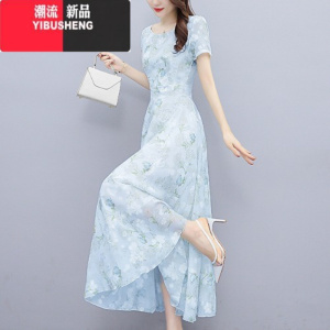 YIBUSHENG碎花雪纺连衣裙季2024新款时尚气质遮腹洋气天显瘦妈妈长裙女