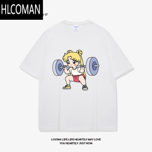 HLCOMAN美少女战士举铁 卡通设计感短袖t恤男宽松大码无性别半袖