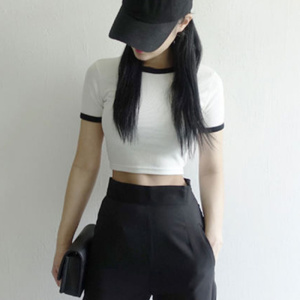 露肚脐修身短袖T恤女夏纯色圆领短款打底衫插色上衣韩国女装