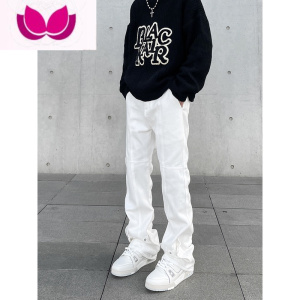 七斓美式高街vibe风黑色排扣牛仔裤男ins潮牌宽松直筒堆积感微喇裤子