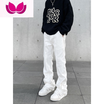 七斓美式高街vibe风黑色排扣牛仔裤男ins潮牌宽松直筒堆积感微喇裤子