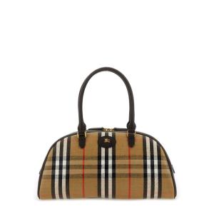 博柏利(BURBERRY)女士棉麻拼接牛皮手提斜挎两用包圆弧手柄双拉链 BEIGE