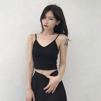 SUNTEK夏季棉V领吊带背心女短款露脐大u型美背内搭带胸垫抹胸打底上衣