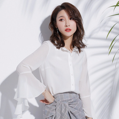 春季新款时尚女装修身显瘦雪纺开衫长袖方领超仙白衬衫女