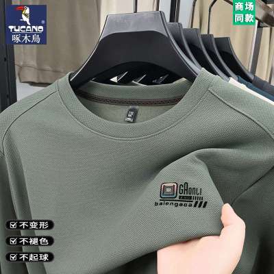 啄木鸟圆领长袖t恤男春秋季商务休闲套头卫衣中年宽松打底衫上衣