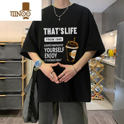 YANXU美式高街咖色320g短袖T恤男夏季2023新款潮牌青少年学生7分袖