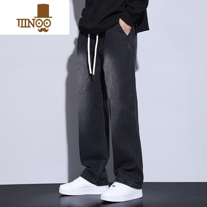 YANXU黑色牛仔裤男休闲潮流潮牌美式高街阔腿裤子ins宽松水洗长裤直筒