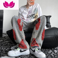 七斓欧美vibe裤子高街潮ins刺绣破洞牛仔裤男设计感小众hiphop直筒裤