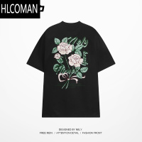 HLCOMAN美式复古玫瑰花短袖t恤男女夏季oversize宽松潮牌情侣款体恤上衣