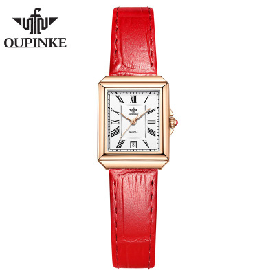 瑞士品牌欧品客手表女士石英表中国红手表时尚方型防水轻奢腕表真皮带套装