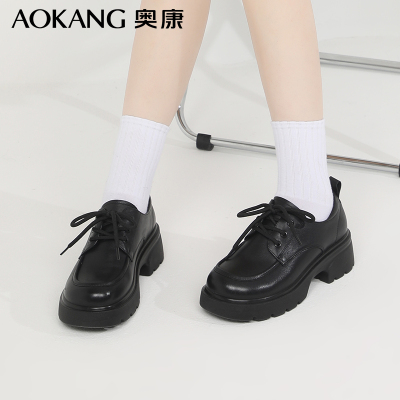 奥康女士休闲单鞋新款乐福鞋厚底百搭系带女鞋牛皮透气通勤皮鞋