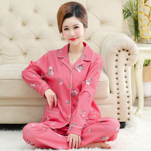 中老年睡衣女士新款长袖开衫翻领女款秋冬季两件套棉质家居服套装