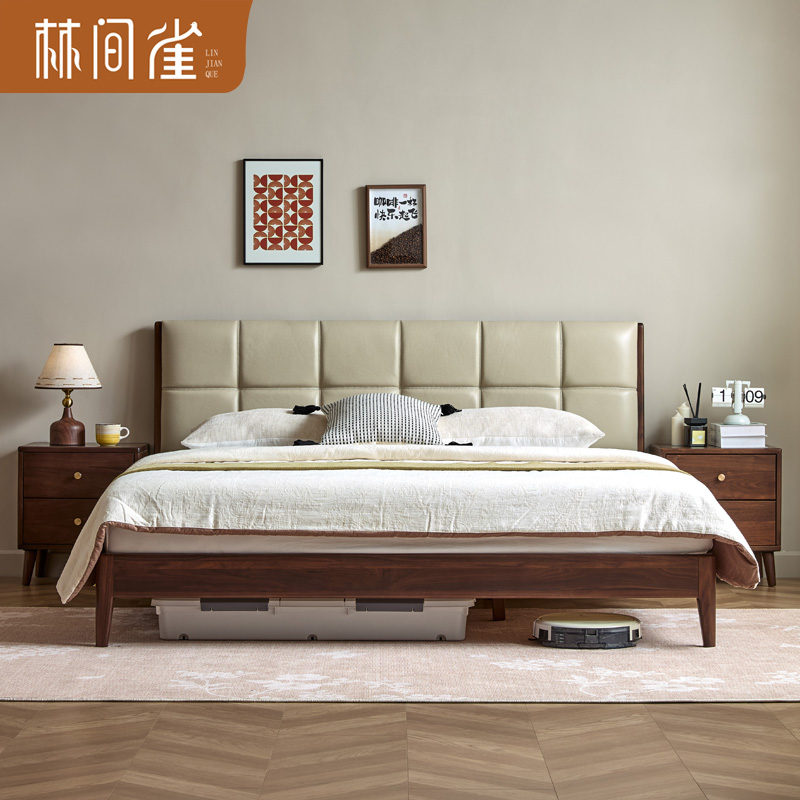 林间雀 现代北美黑胡桃1.5m*2m实木床真皮软靠卧室1.8m*2m双人床主卧家具 JM39#4232