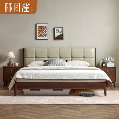 林间雀 现代北美黑胡桃1.5m*2m实木床真皮软靠卧室1.8m*2m双人床主卧家具 JM39#
