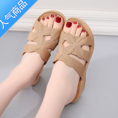 SUNTEK居家浴室鱼嘴凉拖鞋女防滑厚底高跟拖鞋海边散步外穿旅游女夏中年