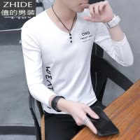 SUNTEK男士长袖t恤潮牌打底衫韩版V领体恤潮流修身秋季男装学生上衣服T恤