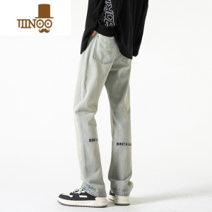 YANXU美式微喇牛仔裤男款夏季高街字母刺绣直筒裤潮牌宽松复古休闲长裤