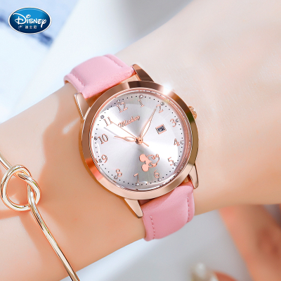 迪士尼(DISNEY)儿童手表女孩少女表学生手表女中学生高中生米奇韩版简约时尚潮流ins风夜光指针日历皮带防水石英表