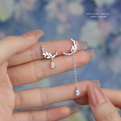 S925纯银轻奢高级感锆石麦穗耳钉女百搭设计感不对称长短流苏耳环送女朋友老婆情人节七夕生日礼物