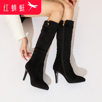 红蜻蜓女靴冬款加绒保暖高跟长筒靴女磨砂皮性感显瘦长靴侧拉链细跟高筒女靴子高跟百搭长筒靴