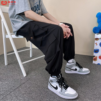 辰好依休闲裤男2021春夏新款潮流宽松大码男港风直筒抽绳工装裤束脚运动阔腿学生九分裤