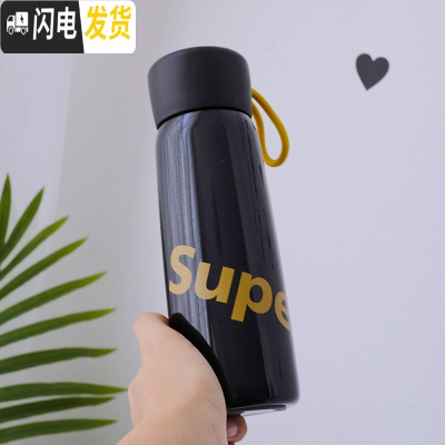 三维工匠韩版简约保温杯男女士学生清新水杯个性可爱便携创意潮流随手杯子 黑色Super500送杯刷