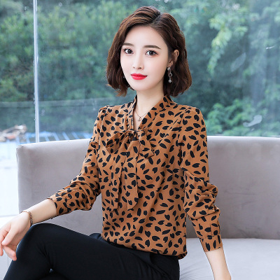 暖青汇花衬衫女长袖雪纺衫中年妈妈春秋蝴蝶结上衣洋气时尚气质碎花衬衣