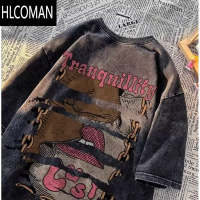 HLCOMAN美式短袖t恤男夏季复古水洗做旧宽松潮牌情侣五分袖上衣