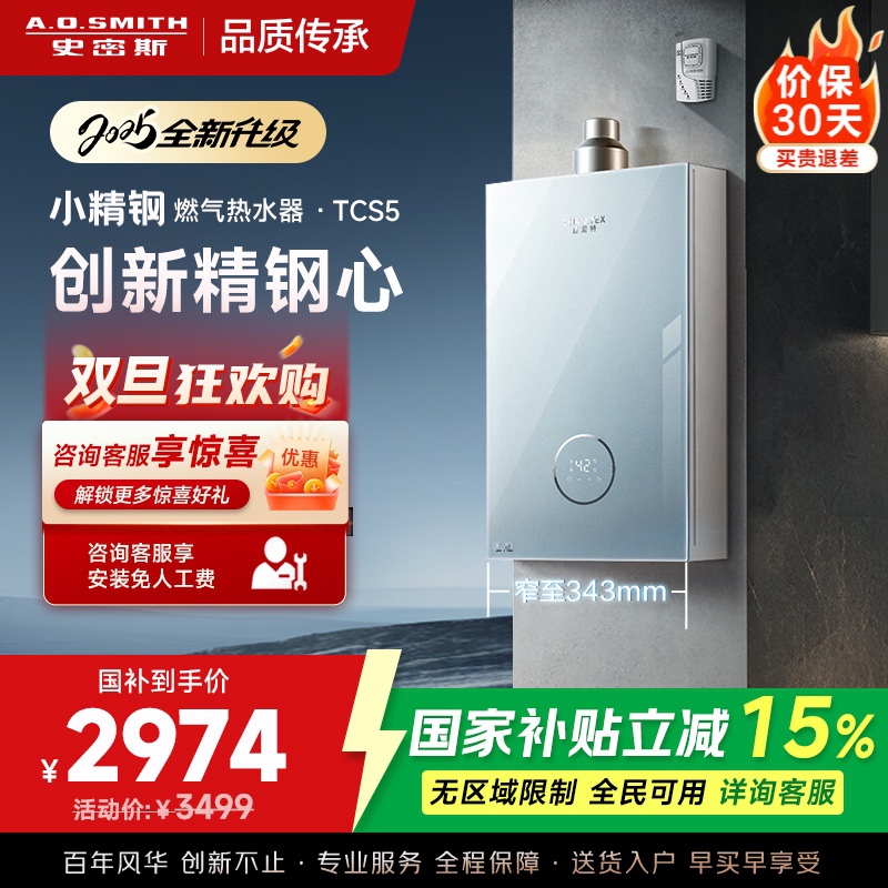 史密斯佳尼特[小精钢TCS5]16升精钢燃气热水器 国家补贴 JSQ31-TCS5 安全守护 持久恒温大水量 新品