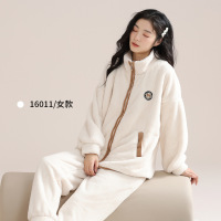 品牌同款珊瑚绒睡衣女秋冬季加绒可外穿立领法兰绒女士家居服套装