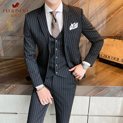 富贵鸟(FUGUINIAO)西装男士套装休闲条纹西服韩版商务修身正装新郎帅气结婚礼服青年