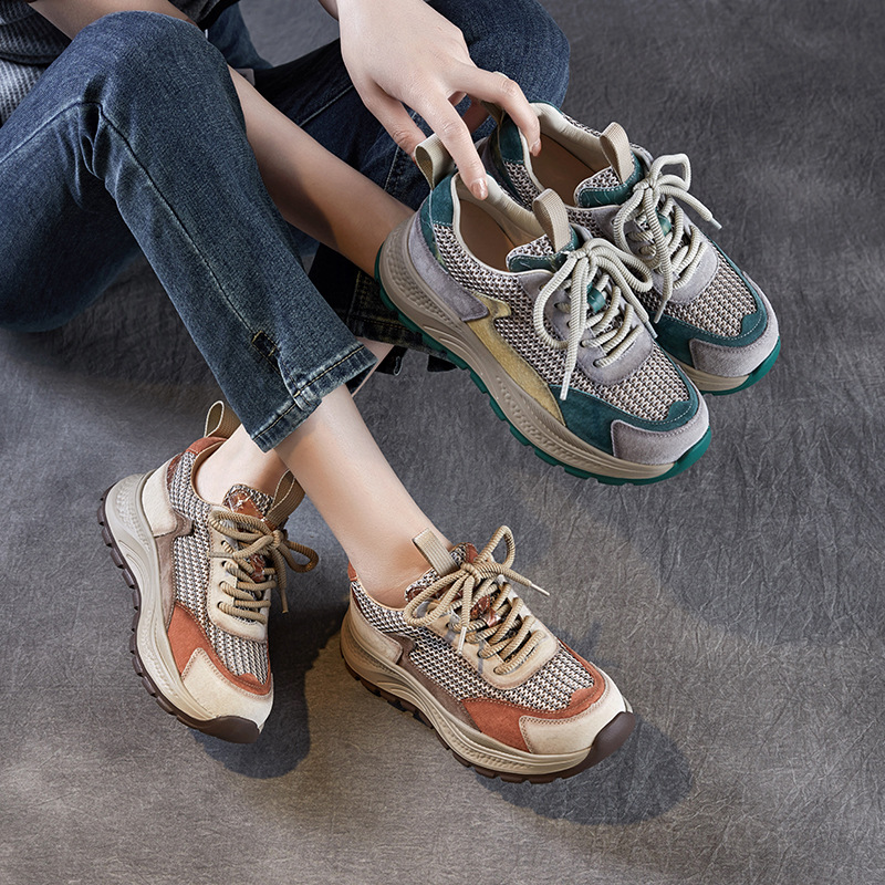 春夏新款真皮圆头阿甘鞋撞色单鞋女休闲透气网面轻便老爹鞋