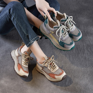 春夏新款真皮圆头阿甘鞋撞色单鞋女休闲透气网面轻便老爹鞋