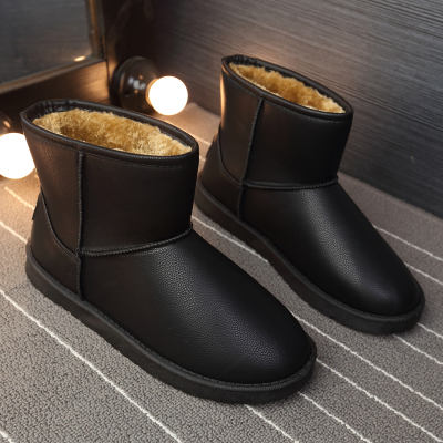 Ideamini冬季雪地靴男鞋子加绒棉靴短筒男靴皮面防滑防水保暖加厚中帮棉鞋靴子