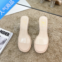 SUNTEK女鞋2023年夏新款透明凉鞋女高跟拖鞋粗跟水晶高跟鞋凉拖外穿鞋