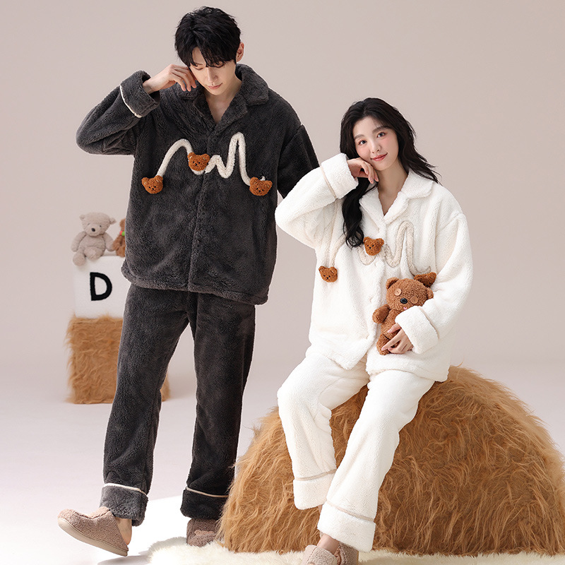 情侣睡衣女款春秋冬季珊瑚绒加厚加绒保暖一男士一女士家居服套装