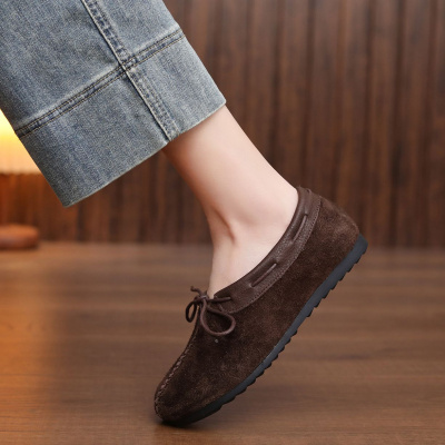 头层牛皮2026春季新款复古磨砂皮平底透气串绳一脚蹬软底森系单鞋