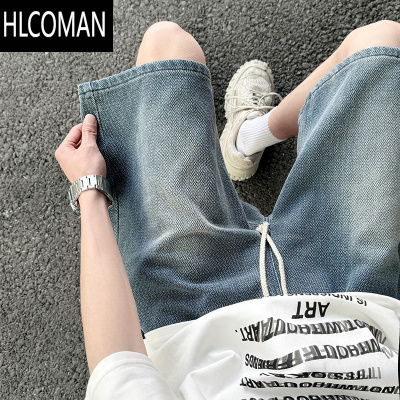 HLCOMAN美式复古星空纹牛仔短裤男夏季薄款宽松潮流外穿浅色牛仔五分裤子